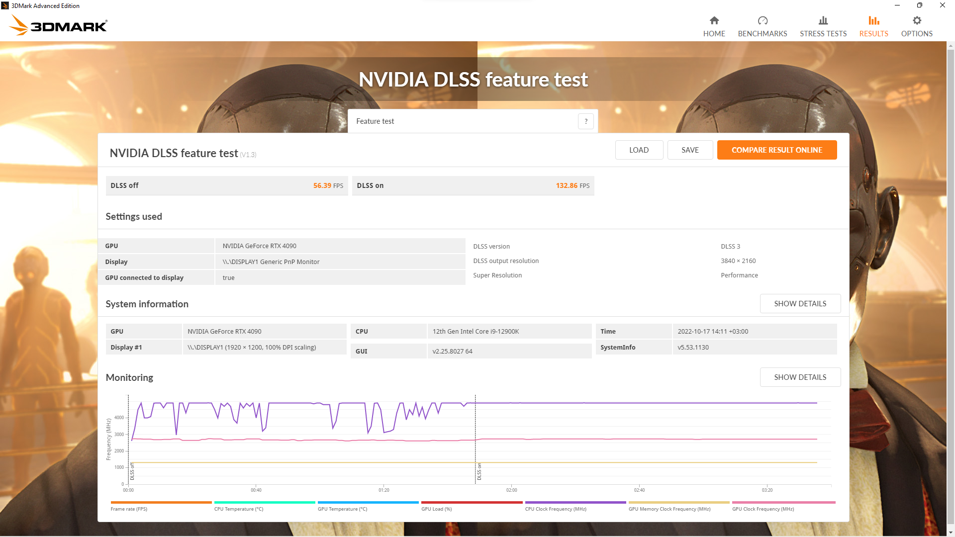 3DMark NVIDIA DLSS feature test DLSS 3 update results page screenshot