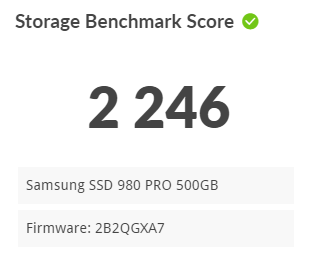 3DMark Storage Benchmark result shows the score, the device name, and the firmware version.