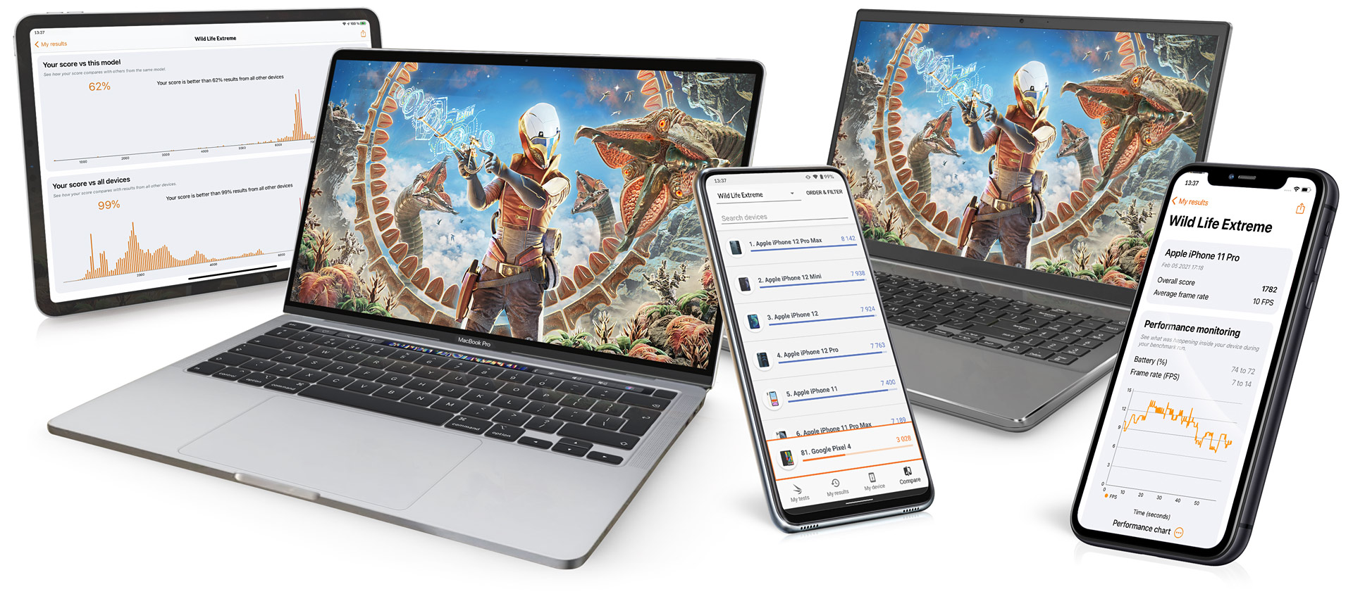3DMark Wild Life Extreme cross-platform benchmark running on a laptop, tablet and phone